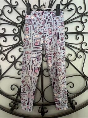 LuLaRoe Light Blue Leggings with Pink & Purple Beauty Makeup Print